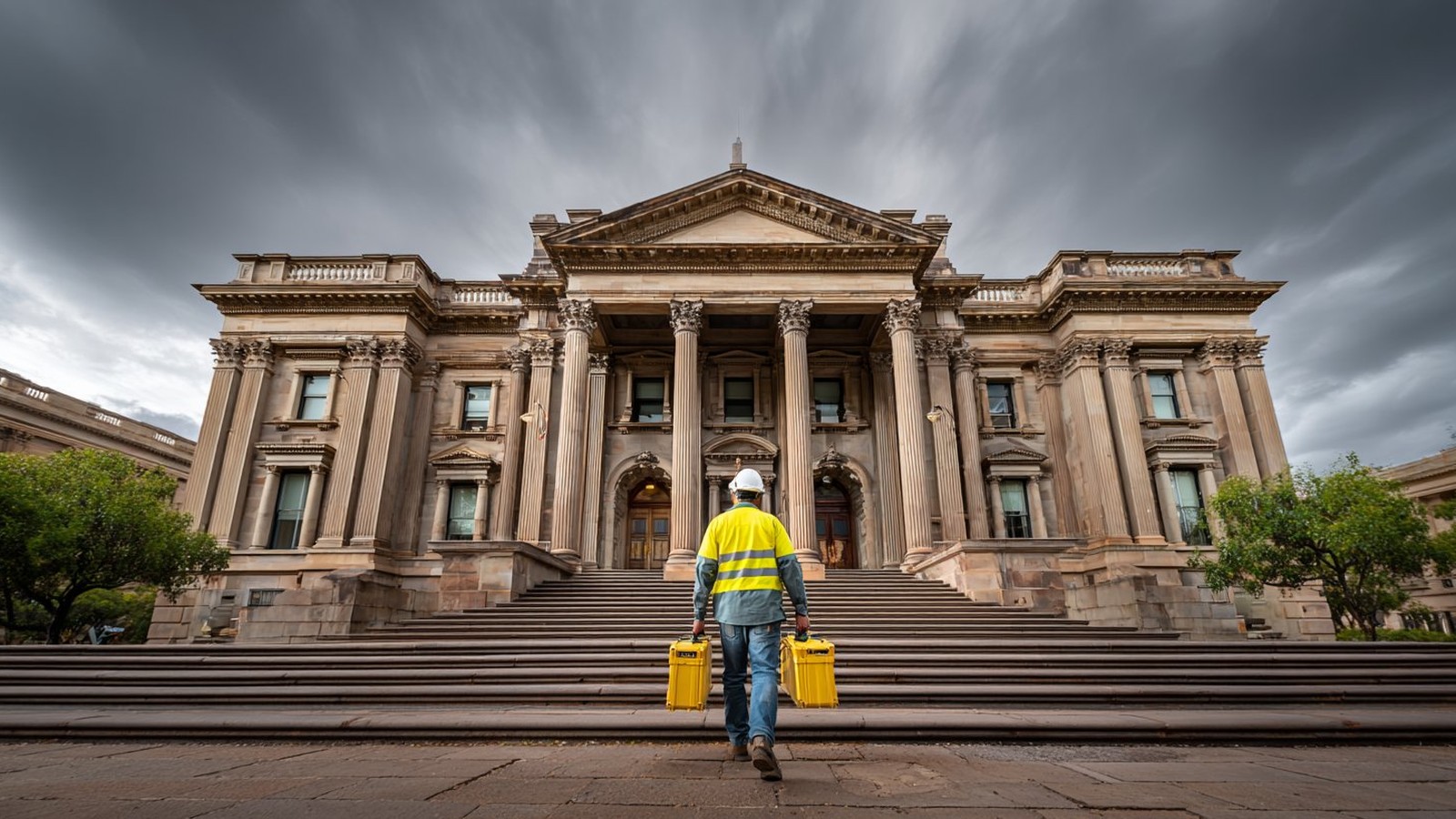 CHS facility technician ascending heritage government building steps — Adelaide