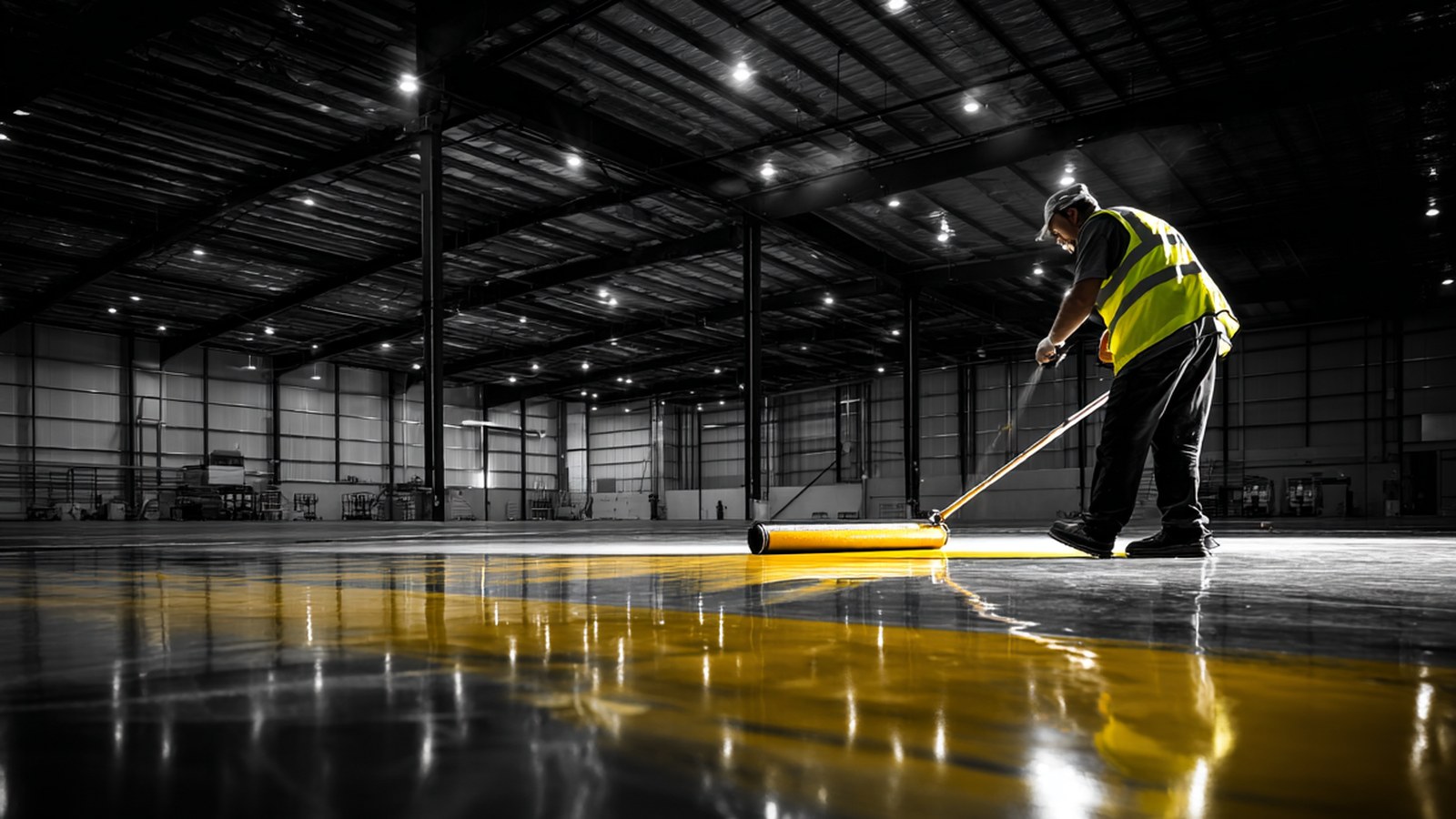 Commercial painter applying floor coating in industrial warehouse — CHS Facility Services Adelaide